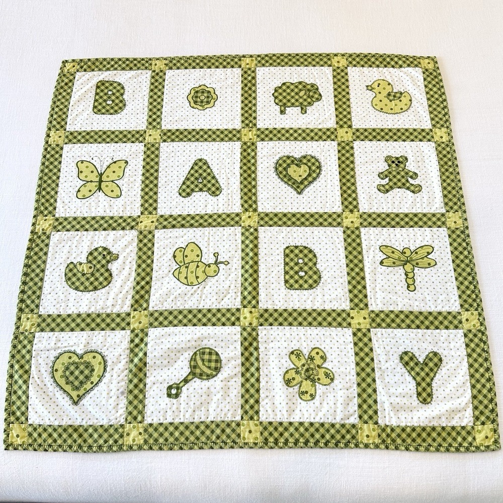 Green Plaid Baby Quilt Handmade Duck Insects Bee Butterfly Sheep 37"x36"